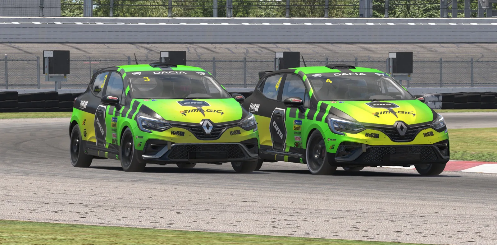 Two Project GRS Renault Clios racing side by side in matching green liveries
