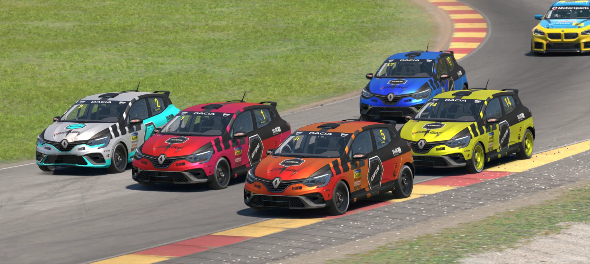 Five Project GRS Renault Clios racing together in the new multicolour liveries