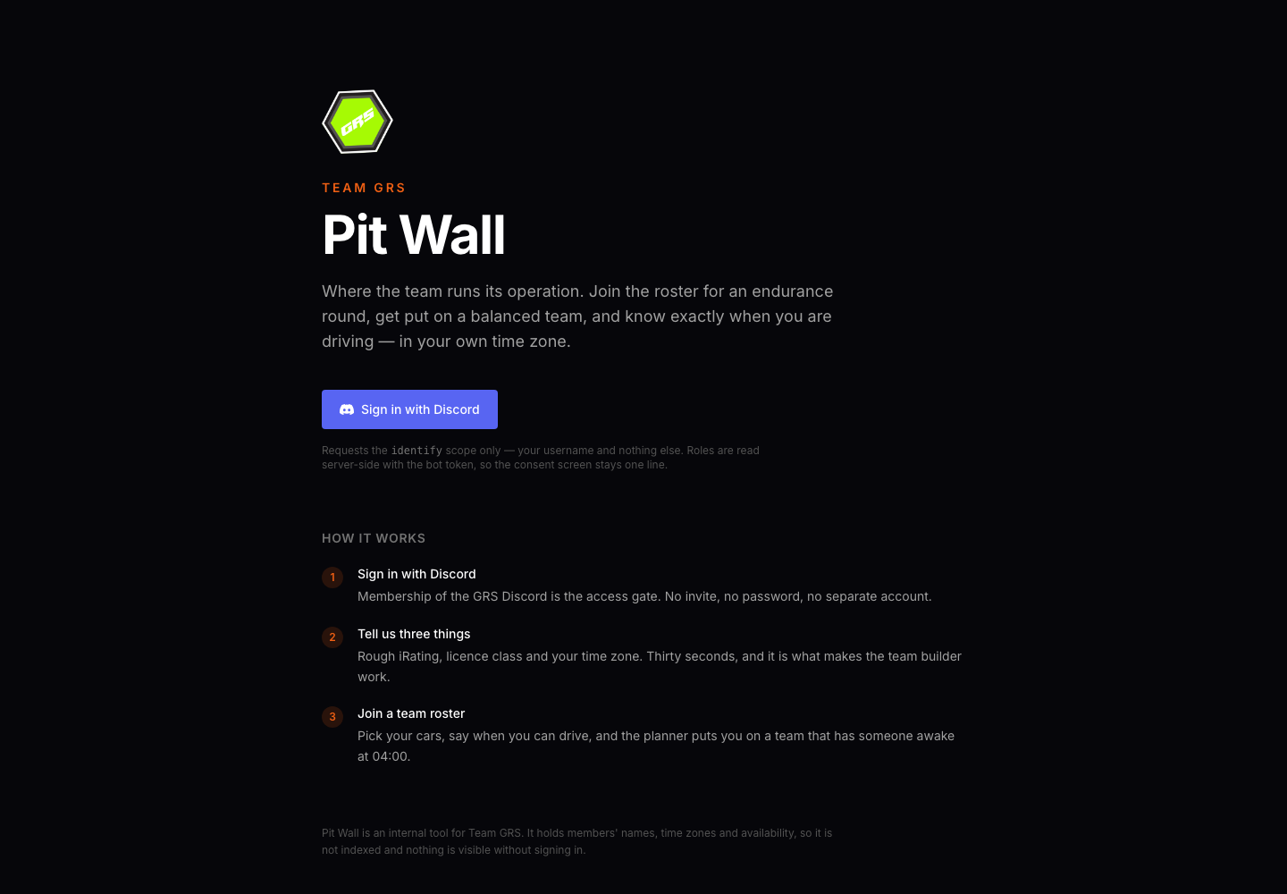 GRS Pit Wall public sign-in screen